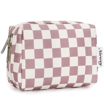 Narwey Small Checkered Makeup Bag for Purse Mini Pink Cosmetic Bag Travel Makeup Pouch Zipper Pouch Cute Make up Bags with Compartments for Women Girls (Dusty Rose Checkerboard, Small) - color: YB-Dusty Rose Checkerboard, style: Small