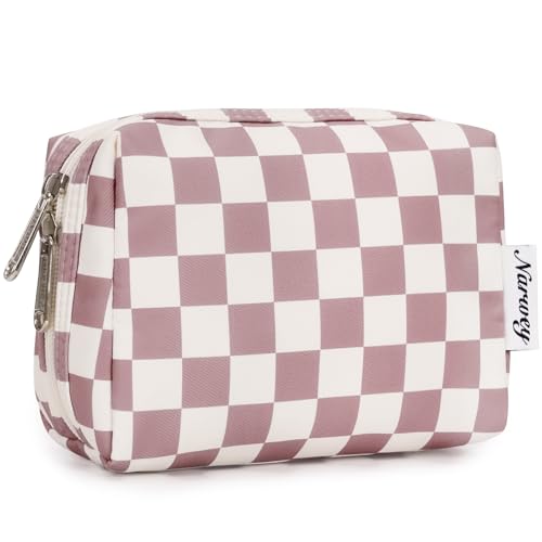 Narwey Small Checkered Makeup Bag for Purse Mini Pink Cosmetic Bag Travel Makeup Pouch Zipper Pouch Cute Make up Bags with Compartments for Women Girls (Dusty Rose Checkerboard, Small) - color: YB-Dusty Rose Checkerboard, style: Small