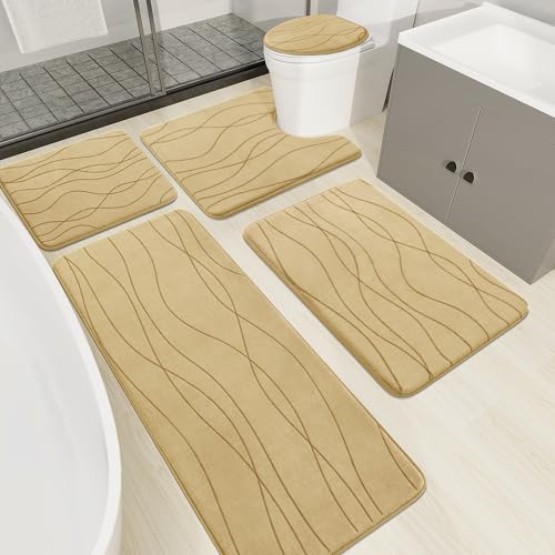 YIHOUSE Memory Foam Bathroom Rug Sets, Beige, 5 Piece | Ultra Soft, Absorbent, Non-Slip, Machine Washable - color: Beige, size: 1'8" x 3'10" (Rectangular)