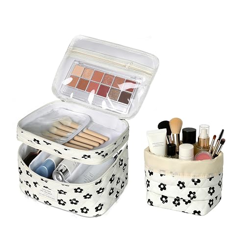 Gosect Makeup Bag, Quilted Cosmetic Bag Set, Drawstring Makeup Bag with Canvas Lining, Large Floral Toiletry Bag for Women Girls, Cute Cotton Flower Travel Organizer Bag (Black Flower - color: Black Pattern