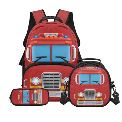 Lightweight 3pcs Backpack Sets with Reusable Insulated Lunch Bag Pencil Case,Fire Truck Schoolbag Sets for Boys Elementary Bookbags - color: Fire Truck -1