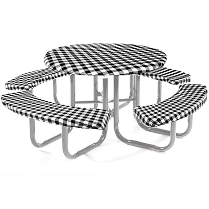 Moukeren Round Picnic Table Cover with Bench Cover Vinyl Fitted Picnic Tablecloth Round Waterproof Wipeable Table Cover with Elastic Edge for Camping Outdoor Patio, Black and White Grid,5 Piece Set