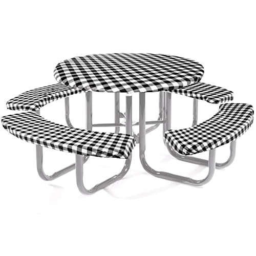 Moukeren Round Picnic Table Cover with Bench Cover Vinyl Fitted Picnic Tablecloth Round Waterproof Wipeable Table Cover with Elastic Edge for Camping Outdoor Patio, Black and White Grid,5 Piece Set
