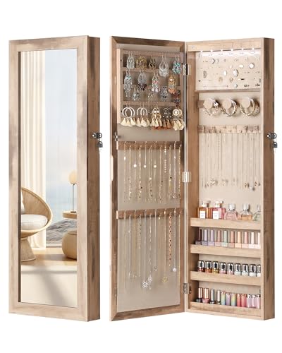 Nicetree 6 LEDs Mirror Jewelry Cabinet, Large Capacity Lockable Jewelry Armoire Organizer, Door or Wall Mounted Mirror with Jewelry Storage, Oak - color: Oak