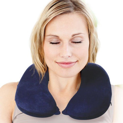 Cloudz Memory Foam Travel Neck Pillow with Snap & Pocket - Blue