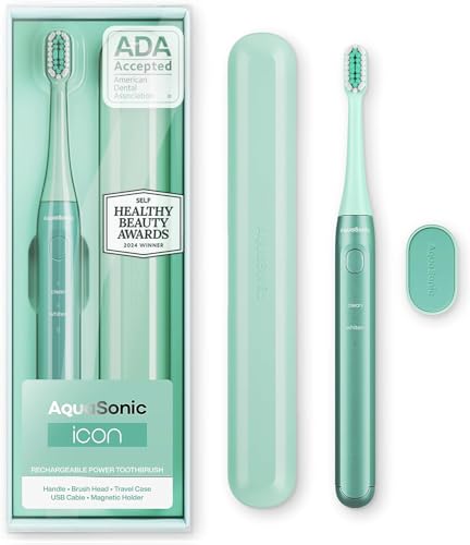 Aquasonic Icon ADA-Accepted Rechargeable Toothbrush | Magnetic Holder & Slim Travel Case | 2 Brushing Modes & Smart Timers | Gentle Micro-Vibrations (Mint) - color: Mint