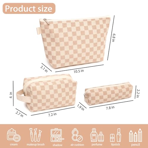 3 Pcs Canvas Makeup Bag Set Checkered Cosmetic Pouch for Women Travel Toiletry Bag Cute Makeup Organizer Purse Pouch Preppy Pencil Case with Zipper (Checkered Khaki) - color: Checkered Khaki