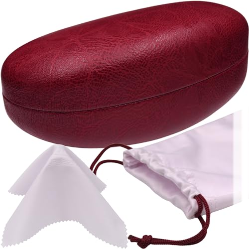 MyEyeglassCase® Large Hard Sunglasses Case | fits Large curved Sunglasses, with microfiber bag and cleaning cloth - color: Cranberry Burgundy