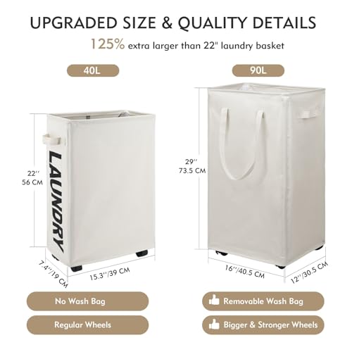 DOKEHOM 90L X-Large Laundry Basket with Removable Wash Bag on Wheels, Collapsible Rolling Laundry Hamper, Foldable Clothes Organizer, Folding Washing Bin (Beige) - color: Beige, size: X-Large Pro 29"