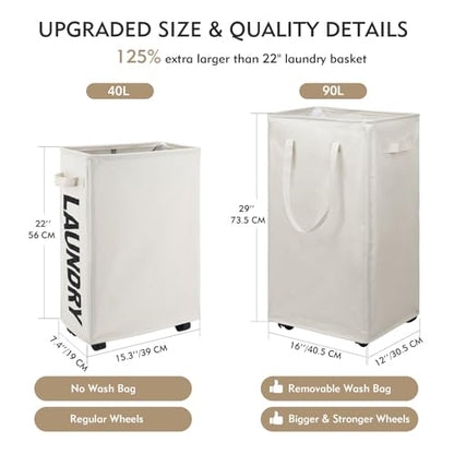 DOKEHOM 90L X-Large Laundry Basket with Removable Wash Bag on Wheels, Collapsible Rolling Laundry Hamper, Foldable Clothes Organizer, Folding Washing Bin (Beige) - color: Beige, size: X-Large Pro 29"