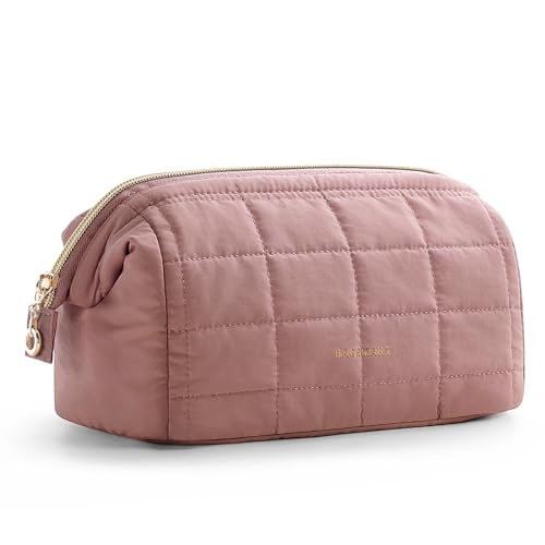 BAGSMART Makeup Bag Travel Toiletry Bag, Puffy Padded Make Up Bags for Women Makeup Organizer Case, Wide-open Pouch Purse Travel Essentials Toiletries Accessories Brushes, Dark Pink - color: 02-Dusty Rose Pink