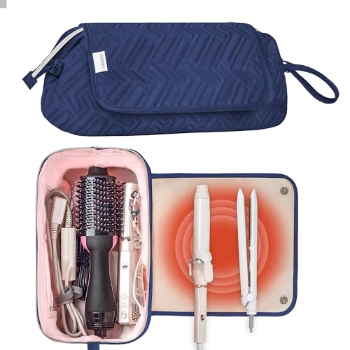 Leudes Hair Tools Travel Bag for Women Heat Resistant Mat for Travel Essentials Hot Tools Straighteners,Flat Irons,Curling Iron,Hot Air Brushes and Hair Dryer Organizer Bags 2 in 1 (Navy Blue) - color: Navy Blue
