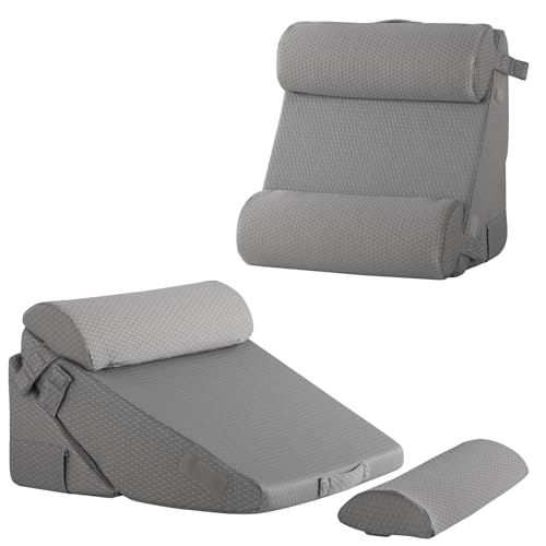 Bedluxe Adjustable 4pcs Bed Wedge Pillow Set, Memory Foam Wedge Pillows Post Surgery for Back, Neck, Leg Pain Relief, Pillow Wedge for Sleeping, Sitting up in Bed, Acid Reflux and GERD, Grey - color: Grey, size: Adjustable 9&12 Inch + 2 Head Pillow