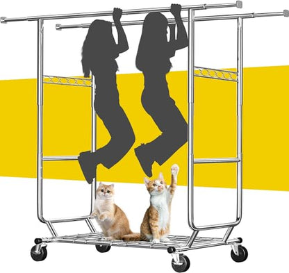 Raybee Clothes Rack, Seasonal Storage & Closet Organize, Collapsible Frame | Heavy Duty, Large Capacity, Commercial-Grade Stainless Steel, Expandable Rods, Height Adjustable, Lockable Wheels, Fast Setup - color: Chrome