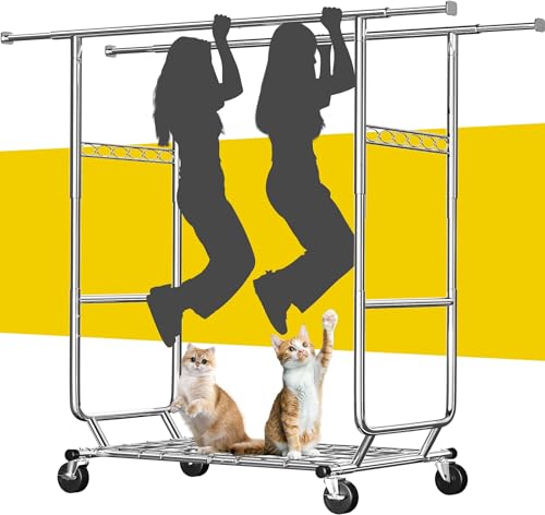 Raybee Clothes Rack, Seasonal Storage & Closet Organize, Collapsible Frame | Heavy Duty, Large Capacity, Commercial-Grade Stainless Steel, Expandable Rods, Height Adjustable, Lockable Wheels, Fast Setup - color: Chrome