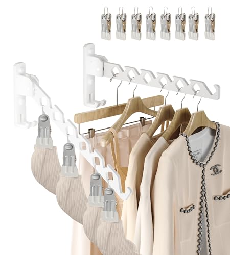 Wall Mount Coat Hanger Holder White Clothes Drying Organizer Rack Garment Hooks Aluminium Retractable Folding Indoor Wall Mounted Hanger Space Saver for Laundry Room Bedroom White 2 Pack with 8 Hooks - color: White 2racks with Hooks
