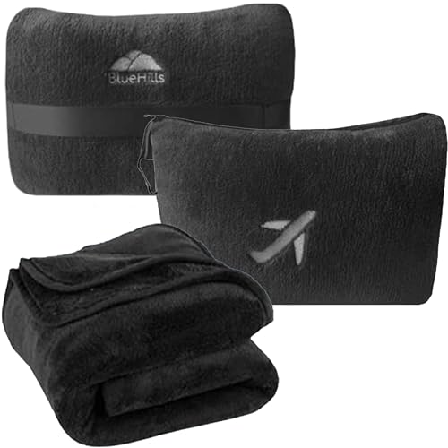 BlueHills Travel Blanket Pillow in Mini Soft Packable Case Premium Plush Airplane Blanket in Portable Compact Pack with Luggage Belt and Carabiner Long Flight Throw Essentials Lightweight- Black M05 - color: Black-m05