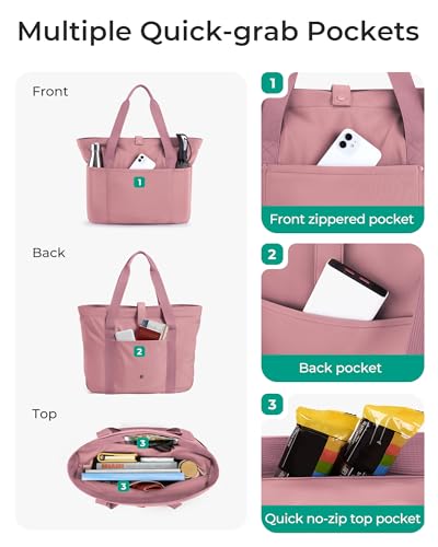 BAGSMART Tote Bag for Women, Foldable Tote Bag With Zipper Travel Shoulder Bag Handbag for Work - color: Dark Pink