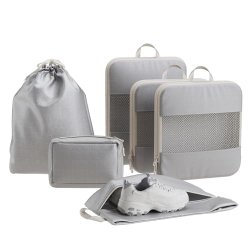 6 Set Compression Packing Cubes, Travel Packing Organizers with Breathable Mesh, Space-Saving Lightweight Portable Storage Bags Set for Travel Accessories Luggage Suitcase Backpack, Grey - color: Grey