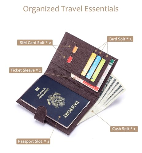 Genuine Leather Passport Wallet with RFID Blocking – Slim Travel Passport Holder with Card Slots, Zipper Coin Pocket & Cash Sleeve, Classic Travel Wallet (Coffee Brown) - color: Coffee Brown