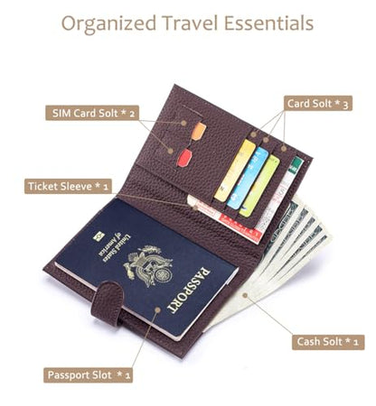 Genuine Leather Passport Wallet with RFID Blocking – Slim Travel Passport Holder with Card Slots, Zipper Coin Pocket & Cash Sleeve, Classic Travel Wallet (Coffee Brown) - color: Coffee Brown