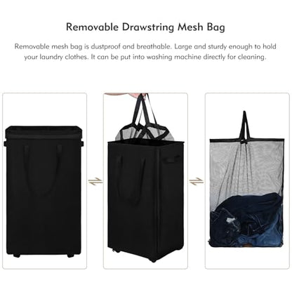 DOKEHOM 90L X-Large Laundry Basket with Removable Wash Bag on Wheels, Collapsible Rolling Laundry Hamper, Foldable Clothes Organizer, Folding Washing Bin (Black) - color: Black, size: X-Large Pro 29"