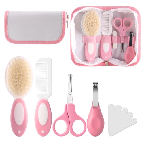 Baby Grooming Kit with Storage Pouch Baby Brush Soft Bristles 5 pcs-Infant Brush, Rounded Comb, Safety Scissors, Nail Clippers & Emery Board -Health Care Kit for Newborns & Toddlers Pink - color: 5pcs Pink 2