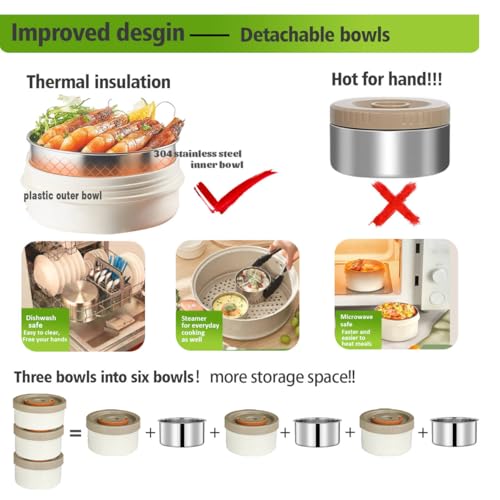 67oz/2L Thermo for Hot Food, 304 Stainless Steel Vacuum Insulated Soup Thermo, Leak-Proof Thermal Lunch Box with 3 Stackable Bento Boxes for Adults Office Travel Camping, Large thermo for hot food - color: stainless steels