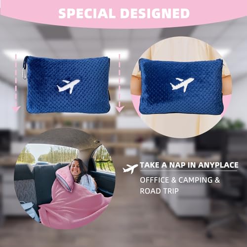 3 in 1 Travel Blanket Pillow Set - 350 GSM Thick Travel Blanket Airplane Compact with Bag, Soft Bag with a Pocket, Inflatable Travel Pillow for Camping & Car Trip (Royal Blue) - color: Royal Blue