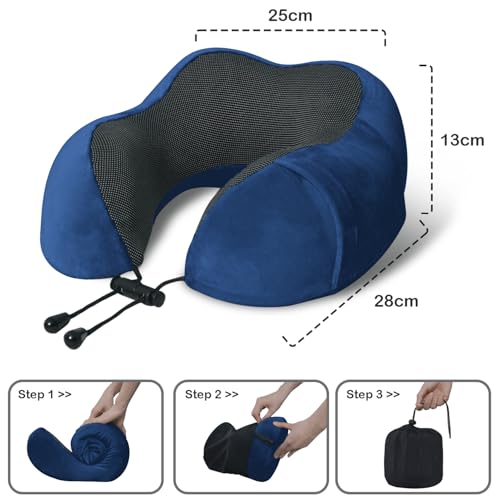 Travel Pillow, Memory Foam Neck Pillow for Traveling, U Shape Neck Pillow Airplane Portable Flight Pillow Travel Kit with 5D Contoured Eye Masks and Earplug for Plane Train Car Home Office - Blue - color: Blue