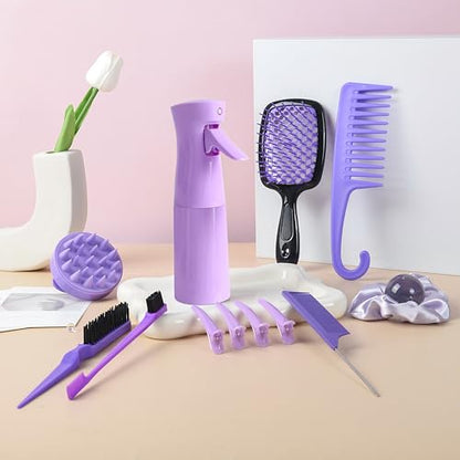 12 Pcs Hair Brush Set with Continuous Hair Spray Bottle for Women, Rat Tail Combs for Toddlers, Soft Scalp Massager, Detangling Hairbrush for Wet Dry Curly Hair (purple) - color: Purple