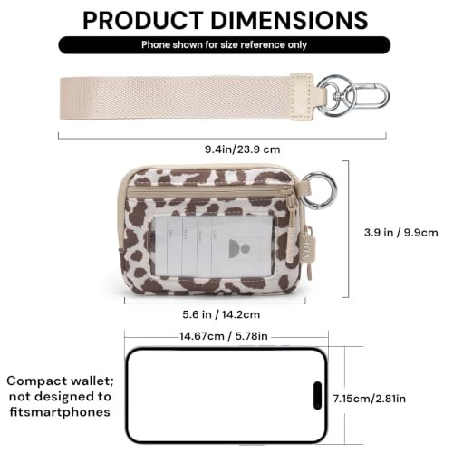 YDF Small Nylon Wristlet Wallet for Women, Minimalist Zip Keychain Coin Purse Card Case with Clear ID Window, Water-Resistant Pouch - color: Beige Leopard