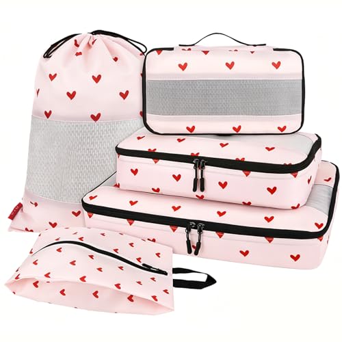 U+U 5 Set Packing Cubes for Travel Essentials Ultralight Luggage Packing Organizers with Laundry Bag and Shoe Bag for Vacation, Business Trip and Camping (Sweetheart Pink) - color: Sweetheart Pink