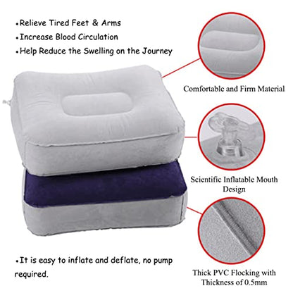 Inflatable Travel Foot Rest Pillow, Head Pad, Soft Flocking Pillow, Flights Relax Cushion Ottomans Leg Up with Air Pump for Office, Home Relax, Camping and Travel Use (Gray) 1PCS