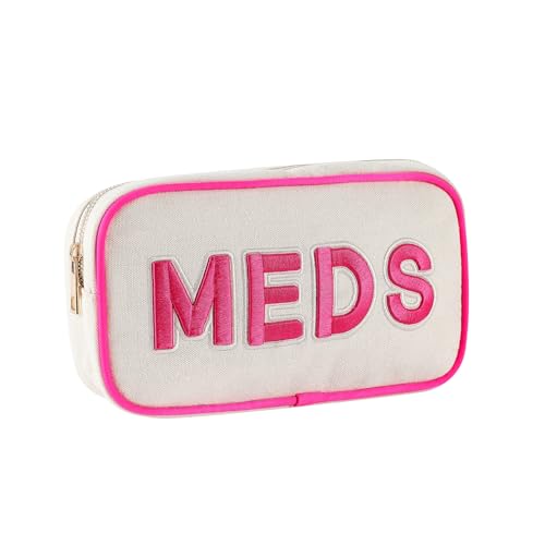 RSRSLEII 2Pcs Small Canvas Rx MEDS Medicine Packages, Cute Chenille Letter Patch Drug Makeup Bag with Metal Zipper, Mini Travel First Aid Purse Organizer Machine Washable (06 2pcs Hot Pink) - color: 06 2pcs Hot Pink