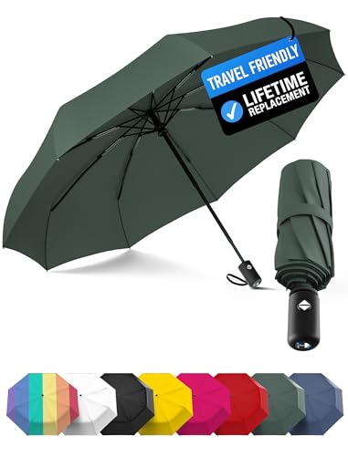 Rain-Mate Windproof Compact Umbrellas for Rain - Strong Reinforced Fiberglass Rib Design & Auto Open & Close - Portable Folding Travel Umbrella - Lightweight & Packable for Women & Men, Easy Collapse - color: I.Forest Green