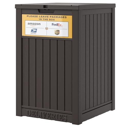 Outdoor Package Delivery Box with Lockable Secure and Sign, Resin Waterproof Outdoor Package Drop Container for Backyard, Garden, Patio & Lawn, Brown with Sign - color: 021 Brown