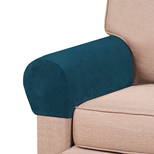 PrinceDeco 2 Pack Thick Velvet Stretch Armrest Covers for Chairs and Sofas - Non Slip, Deep Teal - color: Deep Teal