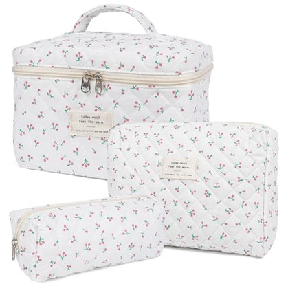 Makeup Bag,Quilted Cosmetic Bag,Large Floral Make Up Bag for Women,Cotton Makeup Bag Set,Flower Travel Toiletry Bag - color: Cherry
