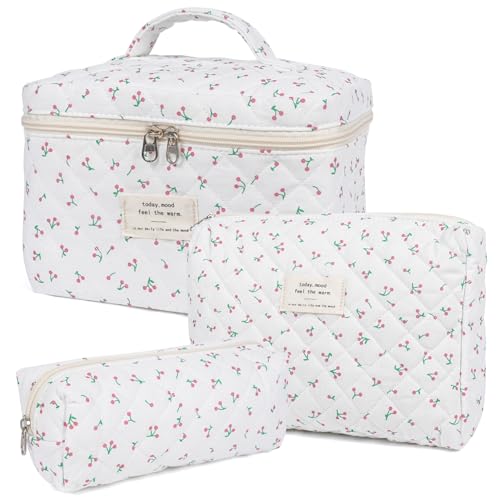 Makeup Bag,Quilted Cosmetic Bag,Large Floral Make Up Bag for Women,Cotton Makeup Bag Set,Flower Travel Toiletry Bag - color: Cherry