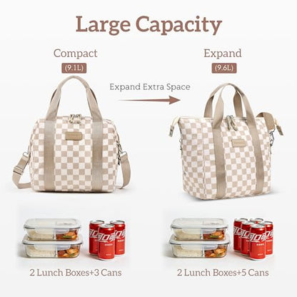 Lunch Bag Women Insulated Lunch Box,Cute Lunch bags,Reusable Large Capacity Leakproof Cooler Bag with Adjustable Shoulder Strap, Retro Lunch tote for Work Office Picnic Travel(Checker Beige Brown) - color: Beige brown