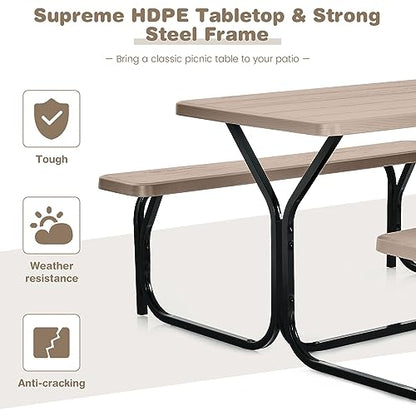 COSTWAY Outdoor Picnic Table, HDPE Plastic Picnic Table Bench Set with Weather Resistant Tabletop & Wood Texture, Ideal for Patio, Backyard (59" D x 54" W x 28.5" H,Brown) - color: Brown