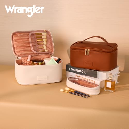 Montana West X Wrangler Travel Makeup Bag 2pcs Set Large Cosmetic Bag with Makeup Brush Holder Portable Make Up Organizer Cute Toiletry Bag with Divider and Handle for Women - color: Solid Beige