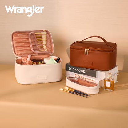 Montana West X Wrangler Travel Makeup Bag 2pcs Set Large Cosmetic Bag with Makeup Brush Holder Portable Make Up Organizer Cute Toiletry Bag with Divider and Handle for Women - color: Solid Beige