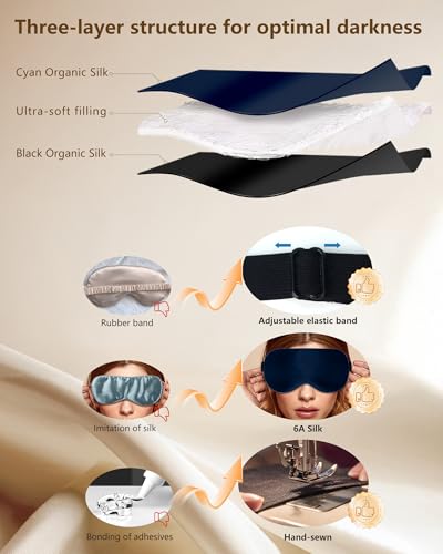 Silk Eye Mask for Sleeping - Soft Breathable Organic Natural Mulberry Silk Fabric Blackout Sleep Mask with Adjustable Straps No Pressure Eye Mask for Travel Essentials Gifts (Navy Blue) - color: Navy Blue