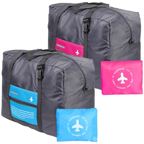 Foldable Travel Duffel Bag 2PCS Sports Gym Tote Water Resistant Carry on Luggage bag Weekender Overnight Bag (Pink+Blue) - color: Blue+Pink