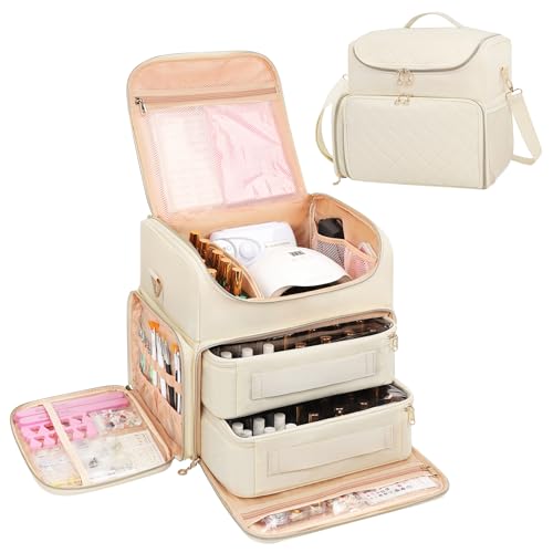 CUBETASTIC Extra Large Nail Polish Organizer Case Holds 86 to 100+ Bottles Nail Polish & Nail Lamp, Nail Supplies Storage Carrying Bag with 2 Removable Pouches - color: Beige, size: 86 Slots