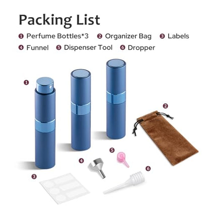 LISAPACK 8ML Atomizer Perfume Spray Bottle for Travel (3 PCS) Empty Cologne Dispenser, Portable Sprayer (Blue) - color: 3 Blue
