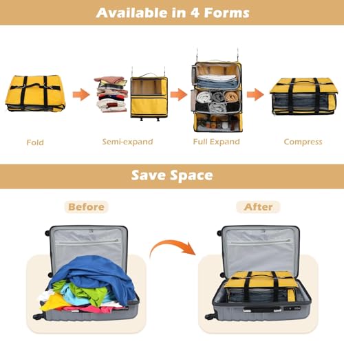 Surblue Hanging Shelves Travel Compression Packing Cube for Carry-on Luggage Suitcase Collapsible Transformable Garment Closet Organizers Large Capacity, Yellow, XXL - color: Yellow, size: XXL_14.96*11.47*22.83in