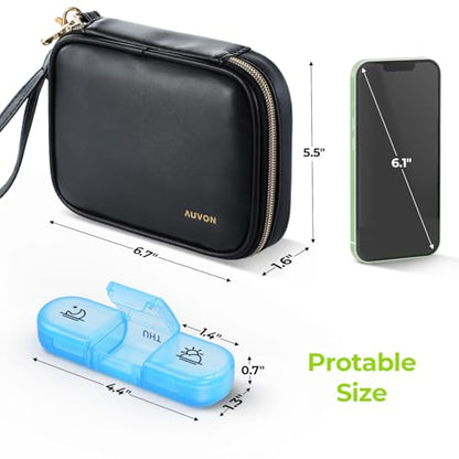 AUVON Weekly Pill Organizer 3 Times a Day, Large Pill Box 7 Day with A PU Leather Bag, Protabel Travel Pill Case Medication Reminder, Daily Pill Box 3 Times a Day for Vitamins, Fish Oils, Supplements